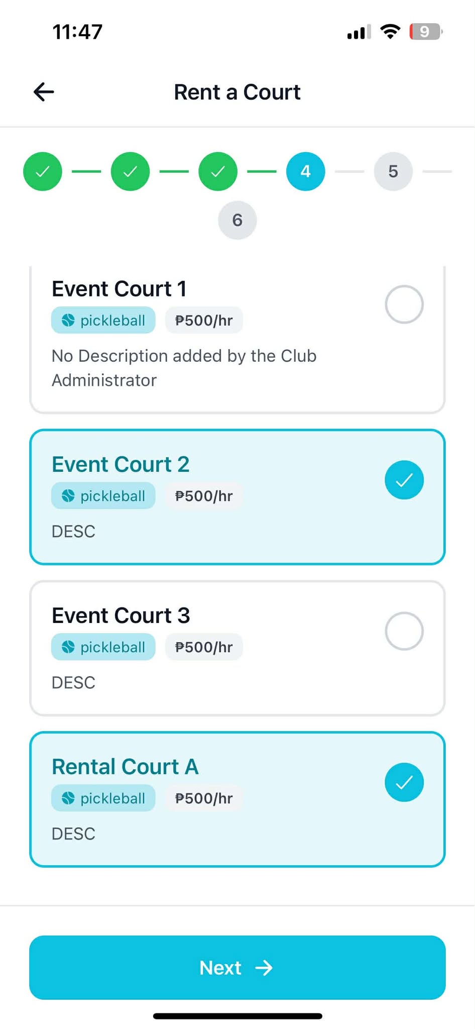 Epick! booking process step 4: Choose Court - Select one or multiple courts