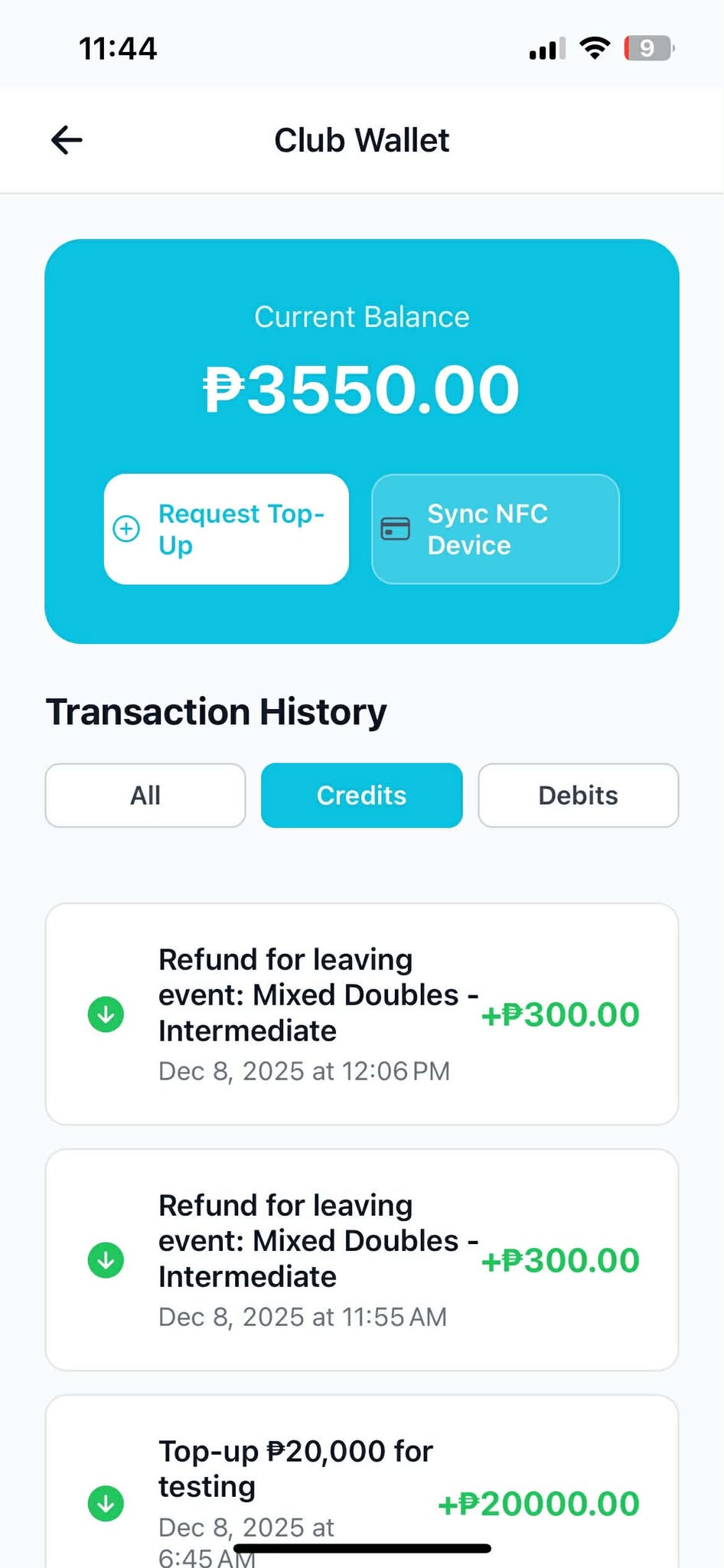 Epick! digital wallet credits view - See all your top-ups and incoming payments